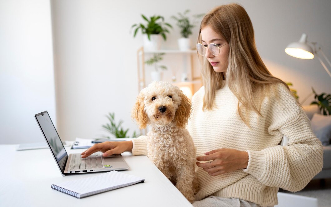 A cozy home office scene featuring a woman in a cream sweater, working on a laptop with a small, fluffy dog by her side.