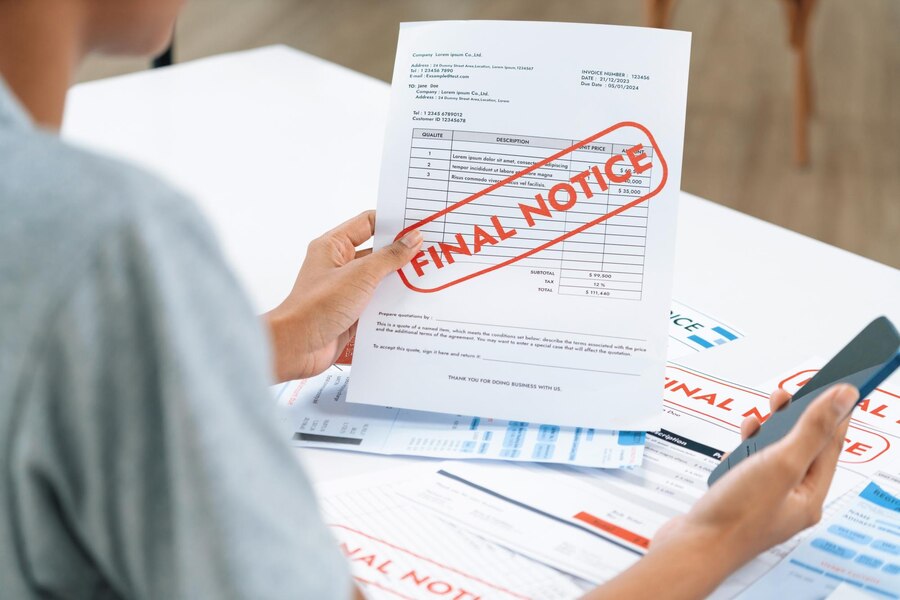 A person holds a FINAL NOTICE invoice while checking their phone, surrounded by more documents on a table.