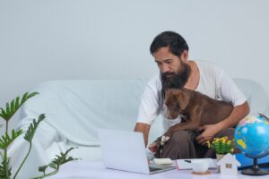 A person sitting on a couch with a brown dog on their lap, working on a laptop surrounded by plants and a globe.