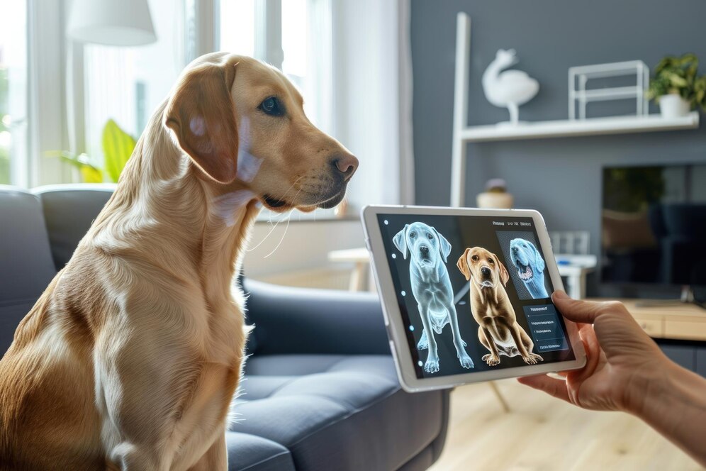 A golden retriever sits calmly while a person holds a tablet displaying X-ray images of various dog breeds.