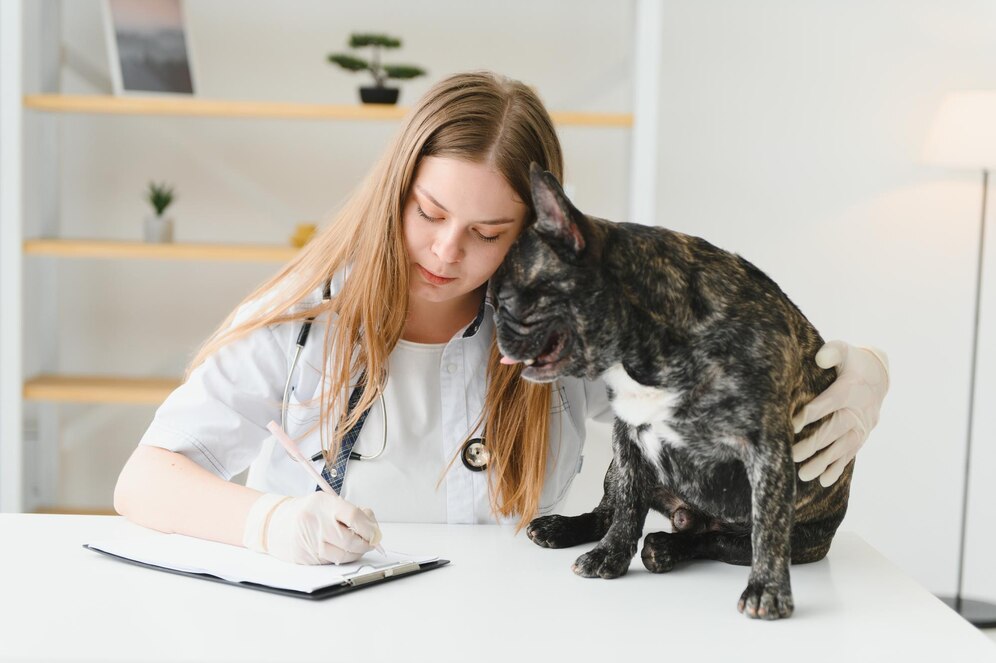 A veterinarian in a white coat and gloves takes notes while sitting at a table with a black and brown dog.