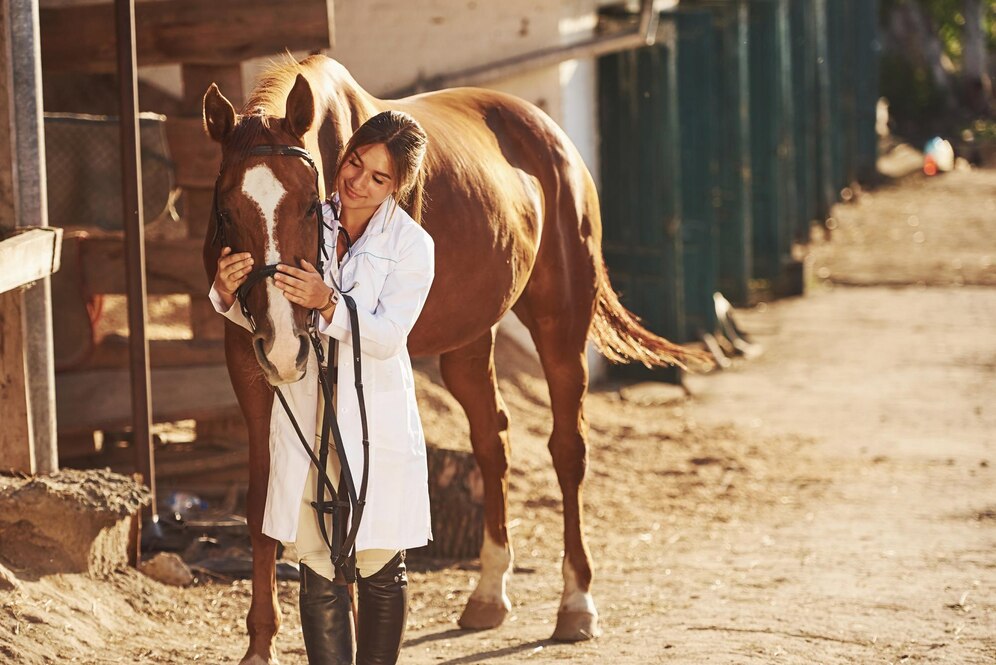 A person in a white lab coat gently embraces a brown horse in a stable, showcasing a moment of connection and care.