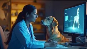 A golden retriever sits beside a person in a lab coat, looking at a computer displaying an animated dog model and data graphs.