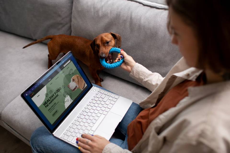 A small brown dog holds a blue toy while an individual uses a laptop displaying a pet food website on a cozy gray sofa.