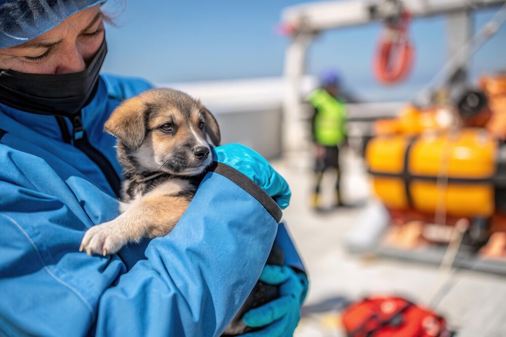 A person in a blue jacket holds a small puppy against a backdrop of a boat deck with rescue equipment and crew members.