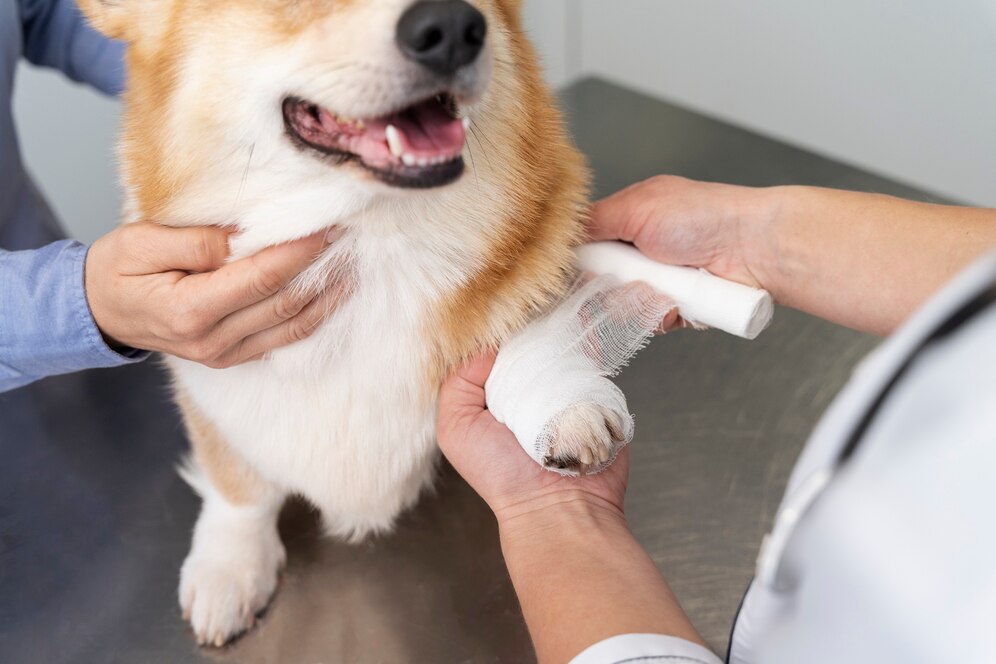 A veterinarian bandages a Corgi's injured leg, while another person gently holds the dog, ensuring its comfort.
