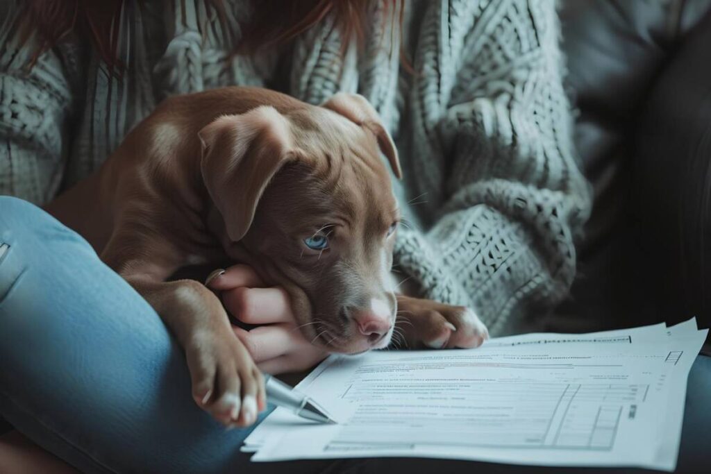 A person in a cozy sweater holds a brown puppy, resting on paperwork, while a pen lies nearby, creating a warm, relaxed atmosphere.