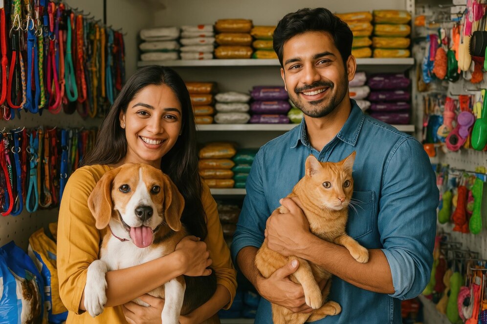 A woman holds a beagle puppy, while a man cradles an orange tabby cat, surrounded by pet supplies and colorful leashes in the background.
