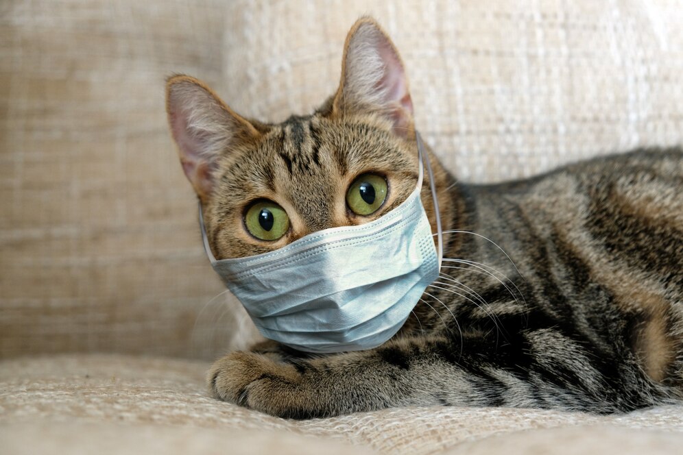 A close-up of a tabby cat wearing a blue medical mask, resting on a beige sofa, with large, expressive green eyes.