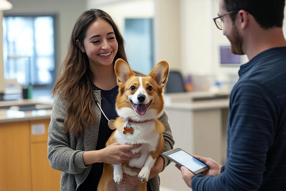 A woman holds a smiling corgi in a veterinary clinic while interacting with a man holding a tablet.