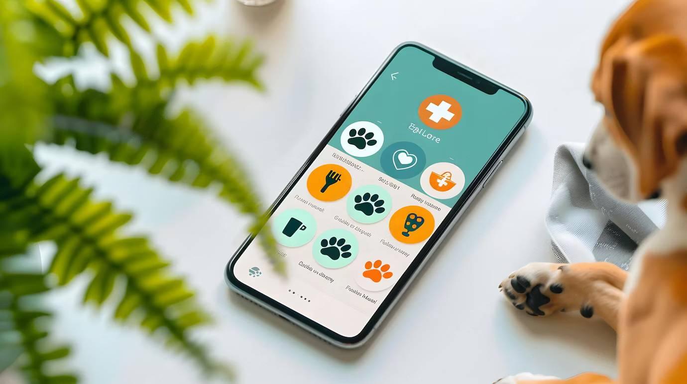 A smartphone displaying a pet care app interface with colorful icons, next to a dog and green plants on a bright surface.