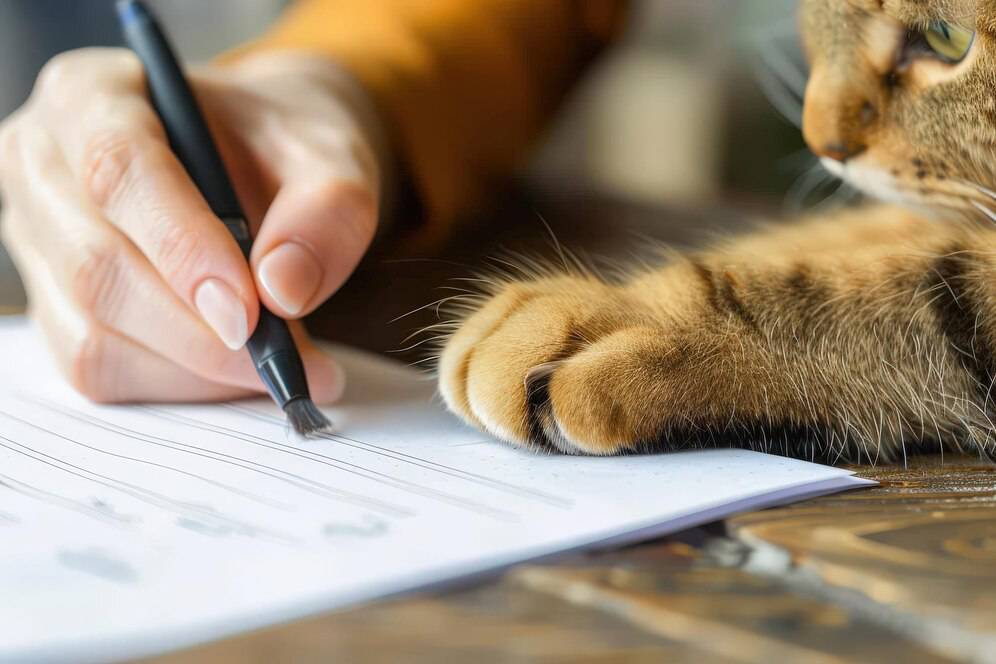 A person writes with a black pen on paper while a cat rests its paws beside the page, captured in soft natural light.