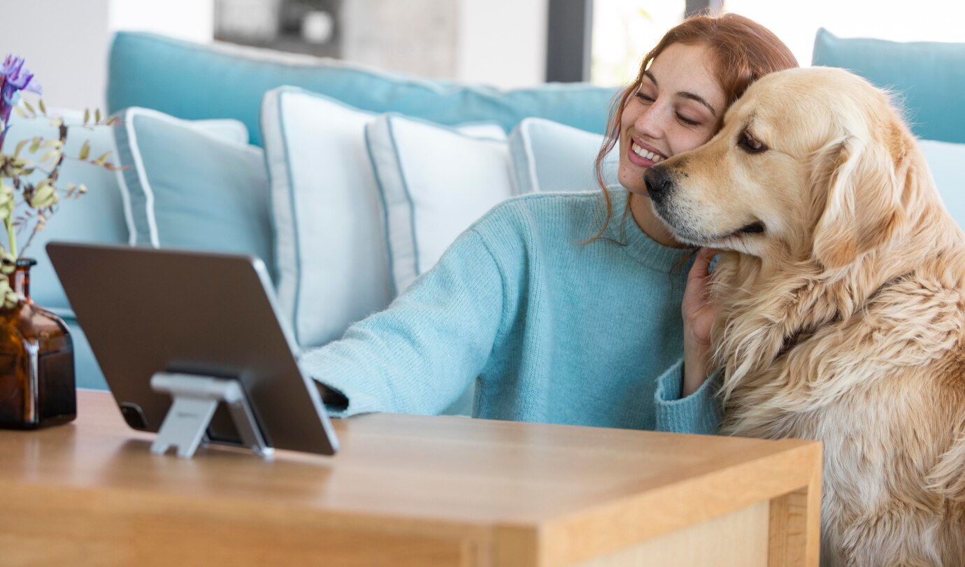A person wearing a blue sweater sits at a wooden table with a golden retriever dog beside them, gazing at a tablet on a stand. 