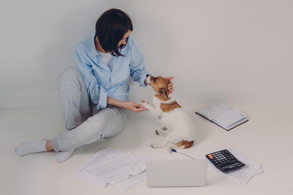 Woman sitting on the floor with a small dog, surrounded by paperwork and a calculator, reviewing pet insurance expenses.