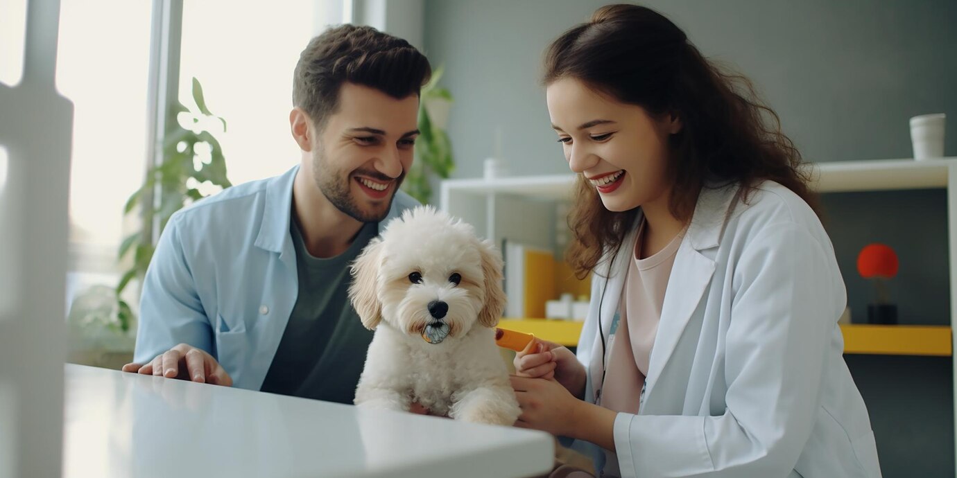 A fluffy white dog sits on a table while a person in a lab coat tends to it, with a second person looking on attentively.