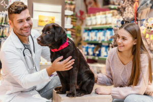 A brown Labrador sits on a table in a pet store, with a veterinarian and a young woman interacting with it.