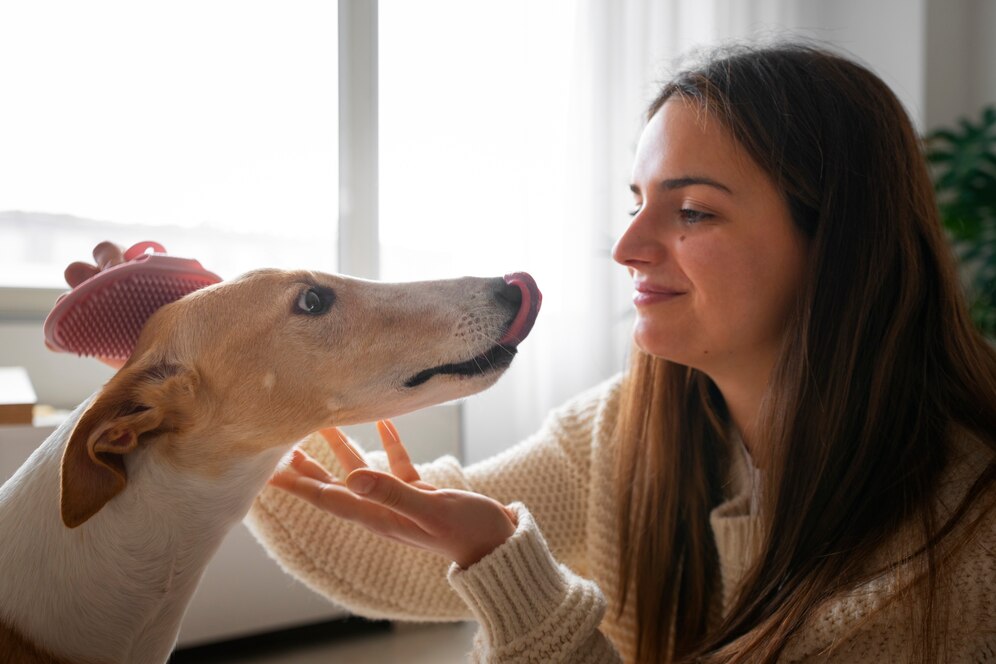 A woman gently brushes a greyhound dog indoors. Sunlight filters through a window, creating a warm atmosphere.