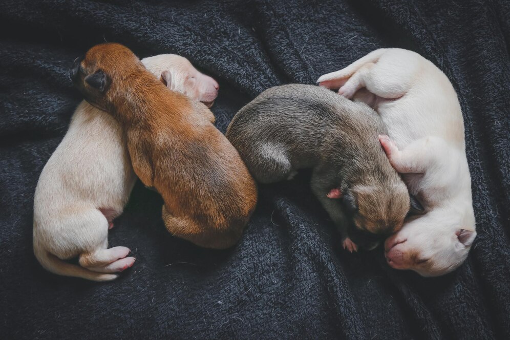 Four adorable sleeping puppies of varying colors curled up on a soft black surface, showcasing their peaceful slumber.
