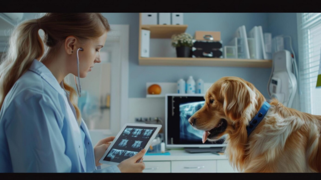 A veterinarian examines X-ray images on a tablet while a friendly golden retriever looks on in a bright clinic setting.