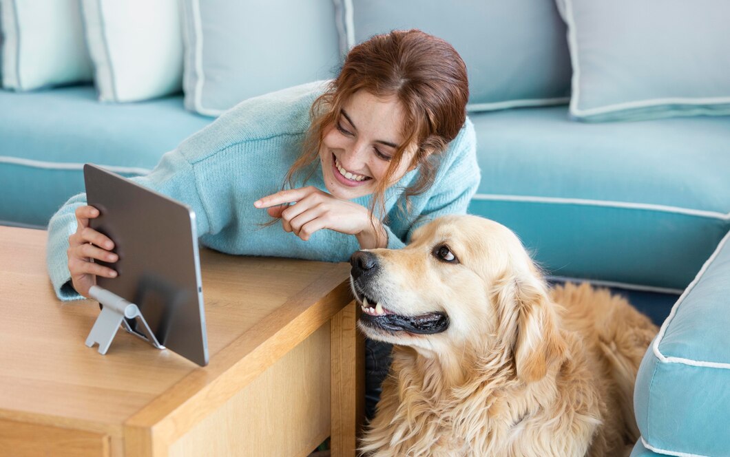 A person in a blue sweater sits on a couch, closely watching a tablet while a golden retriever lies beside them, looking up attentively.