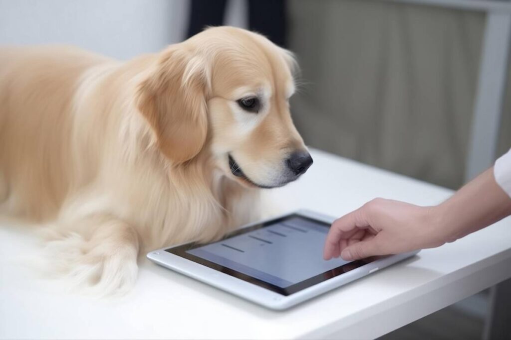 A golden retriever watches as a person interacts with a tablet on a white table.