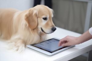A golden retriever watches as a person interacts with a tablet on a white table.