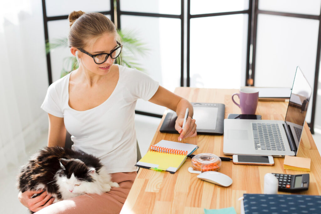 A woman sits at a wooden desk with a laptop, drawing tablet, and colorful notepad, while a fluffy cat rests on her lap.