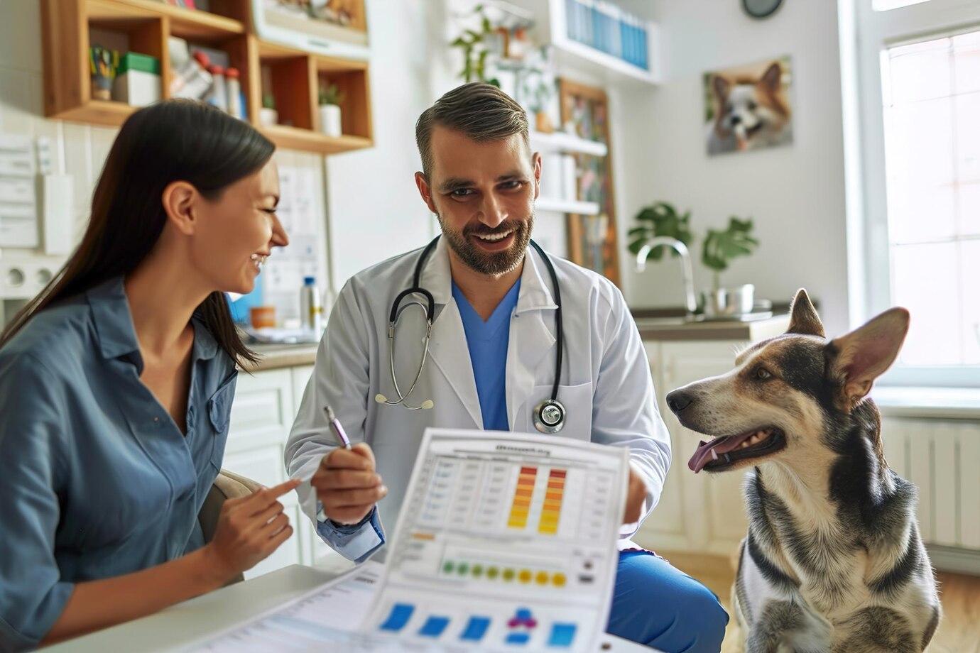 A veterinarian in a white coat discusses a pet's health with a woman while a friendly dog sits beside them in a bright clinic.