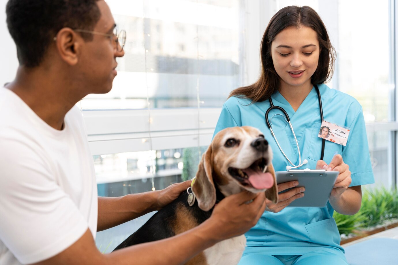 A smiling beagle sits with a person as a veterinarian in scrubs examines notes on a tablet in a bright clinic setting.