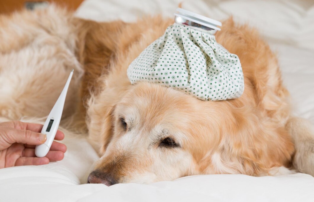 A sick golden retriever rests on a bed with a cold compress on its head, while a person checks its temperature.
