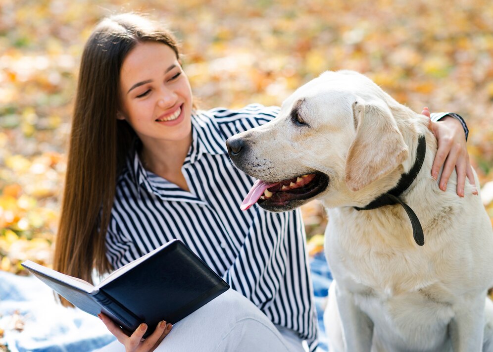 A woman in a striped shirt enjoys a book while petting her golden Labrador, surrounded by autumn leaves on a sunny day.